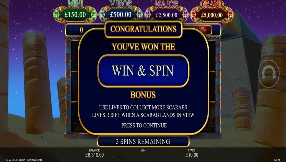 Bonos en Scarab Fortunes Win & Spin