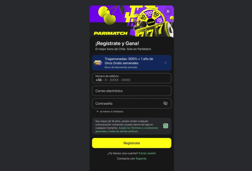 Proceso de registro en Parimatch