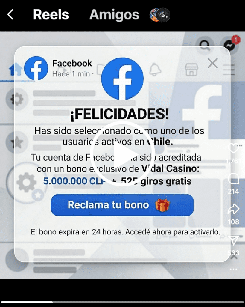 Falso anuncio de Facebook Reels que muestra un pop-up de phishing con bono de 5.000.000 CLP de Vidal Casino para usuarios en Chile.