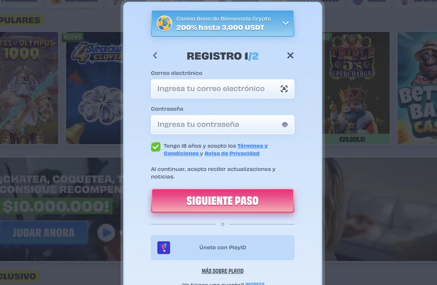 Proceso de registro en OnlySpins